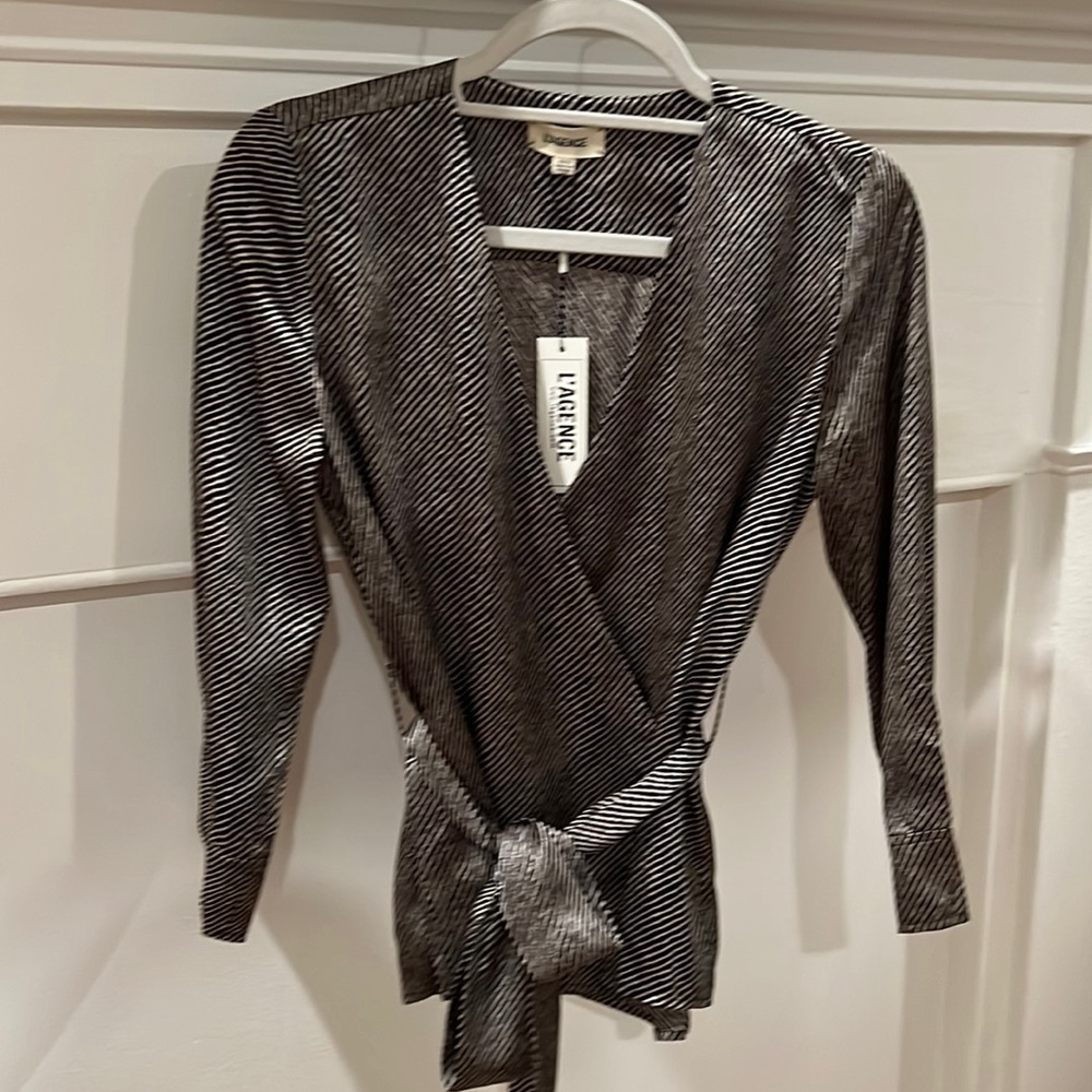 NWT L’Agence silk belted striped blouse.  Size XS/TP